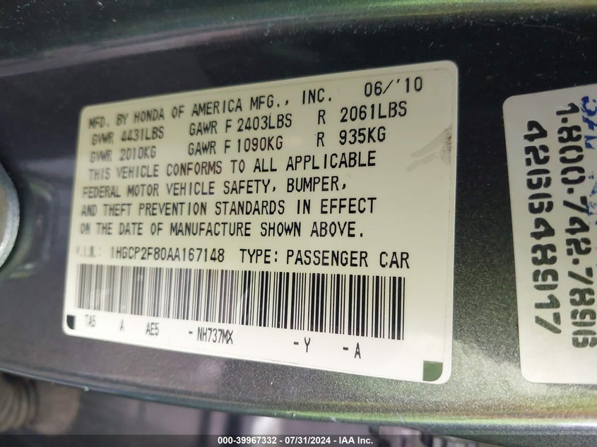 2010 Honda Accord Sdn 2.4 Ex-L/Ex-L VIN: 1HGCP2F80AA167148 Lot: 39967332
