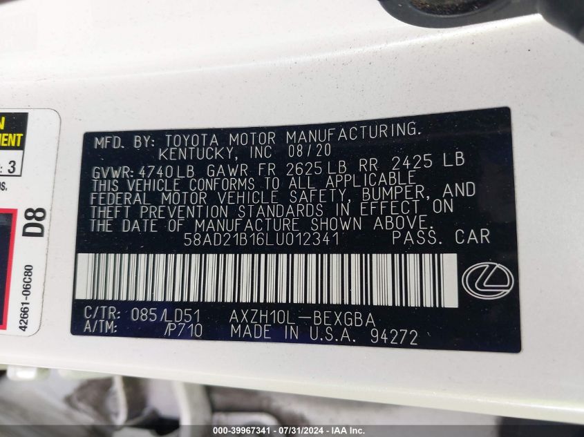 2020 Lexus Es 300H VIN: 58AD21B16LU012341 Lot: 39967341