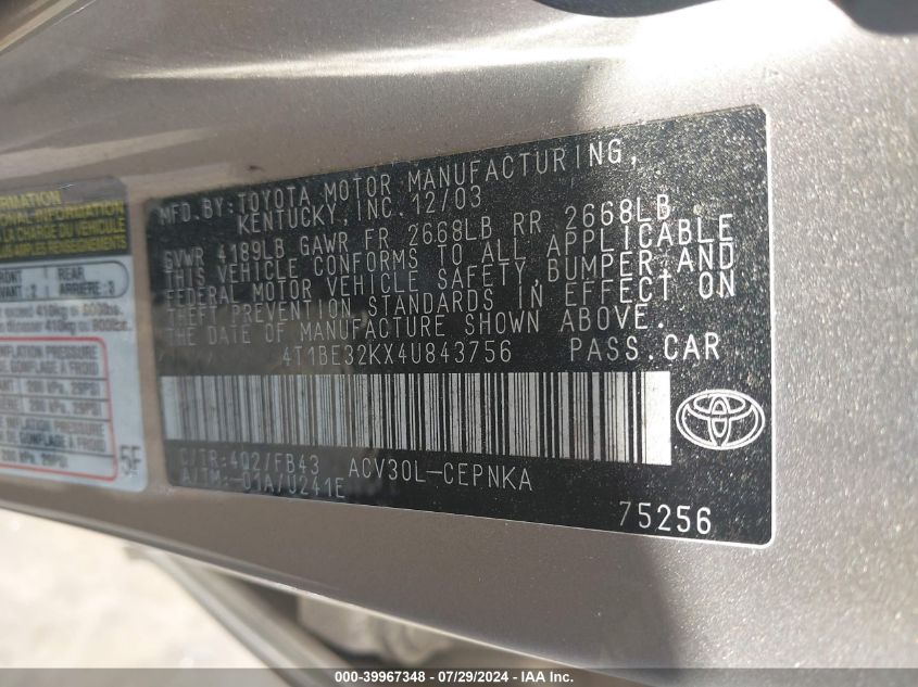 2004 Toyota Camry Le/Se/Std/Xle VIN: 4T1BE32KX4U843756 Lot: 39967348