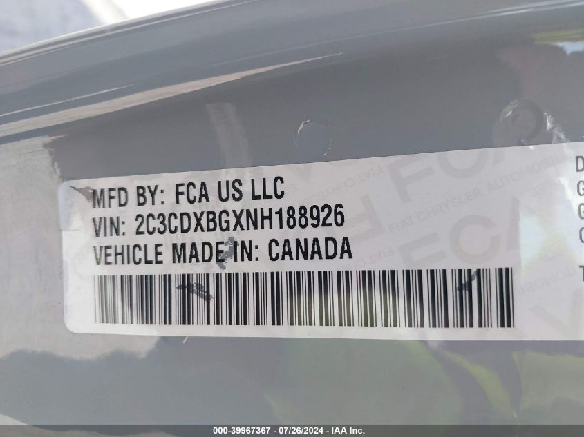 2022 Dodge Charger Sxt VIN: 2C3CDXBGXNH188926 Lot: 39967367