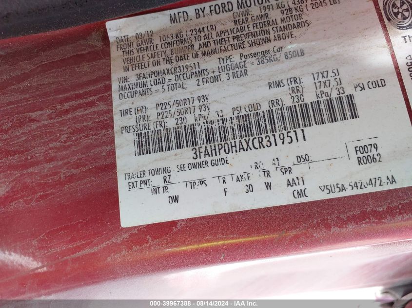 2012 Ford Fusion Se VIN: 3FAHP0HAXCR319511 Lot: 39967388