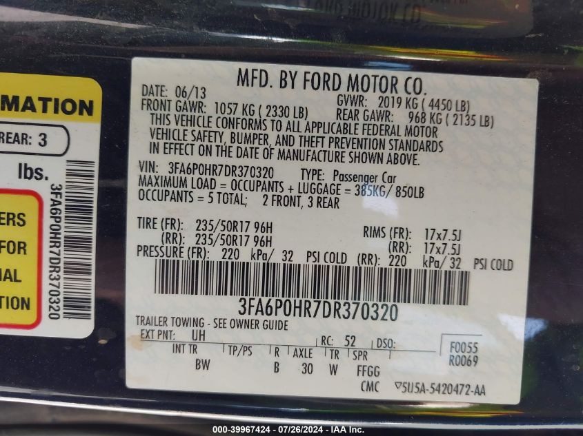 2013 Ford Fusion Se VIN: 3FA6P0HR7DR370320 Lot: 39967424