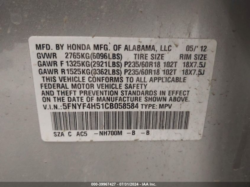 2012 Honda Pilot Ex-L VIN: 5FNYF4H51CB058584 Lot: 39967427