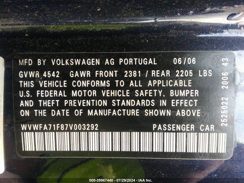 2007 Volkswagen Eos 2.0T VIN: WVWFA71F87V003292 Lot: 39967440