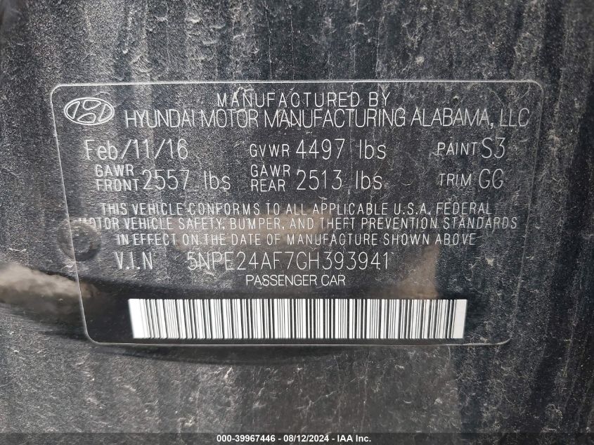 2016 HYUNDAI SONATA - 5NPE24AF7GH393941