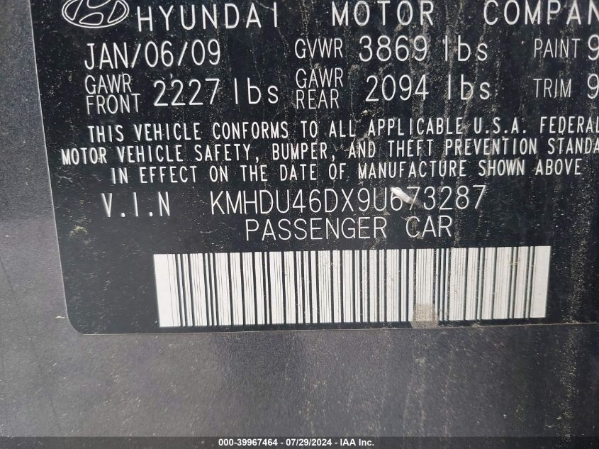 KMHDU46DX9U673287 | 2009 HYUNDAI ELANTRA