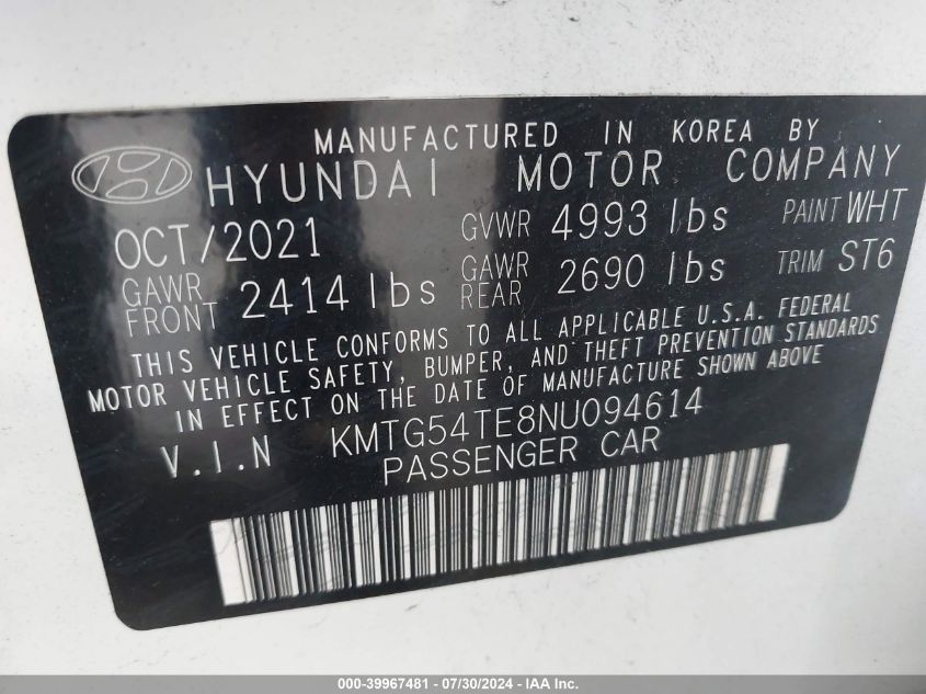 2022 Genesis G70 3.3T Awd VIN: KMTG54TE8NU094614 Lot: 39967481