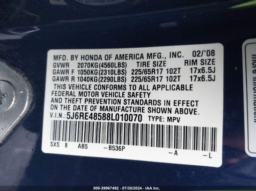 2008 Honda Cr-V Ex VIN: 5J6RE48588L010070 Lot: 39967492