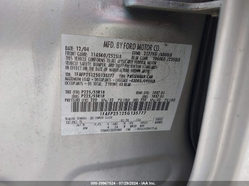 2005 Ford Five Hundred Limited VIN: 1FAFP25125G135777 Lot: 39967524