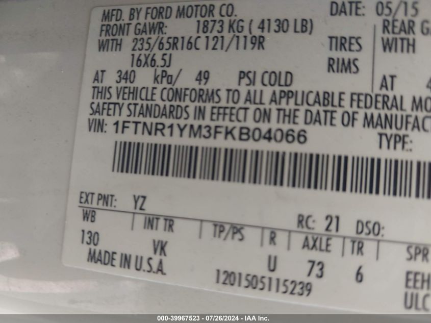 2015 Ford Transit-250 VIN: 1FTNR1YM3FKB04066 Lot: 39967523