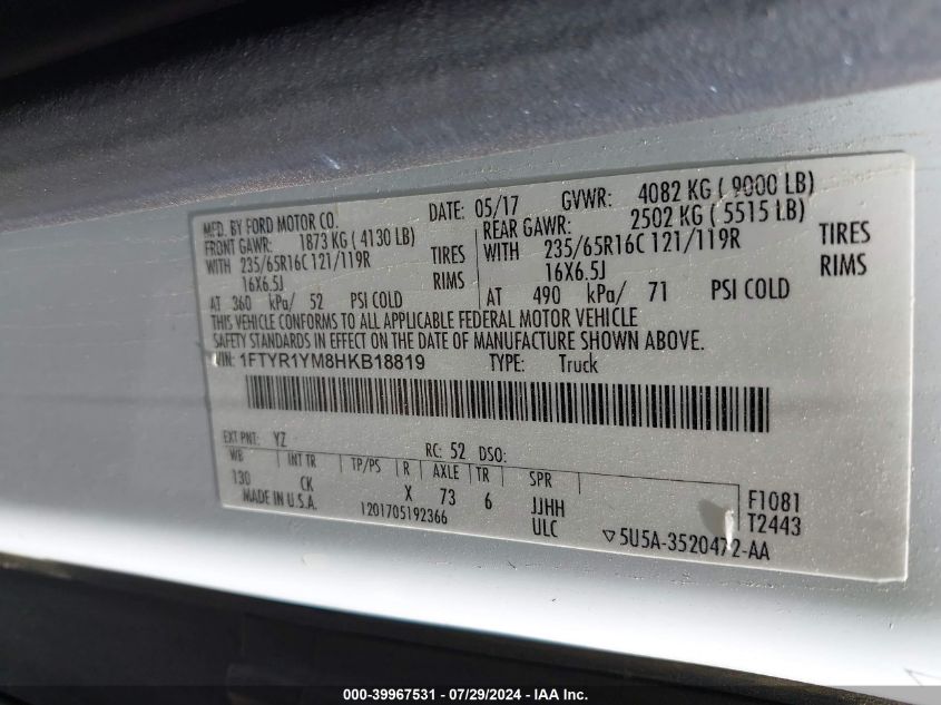 2017 Ford Transit-250 VIN: 1FTYR1YM8HKB18819 Lot: 39967531