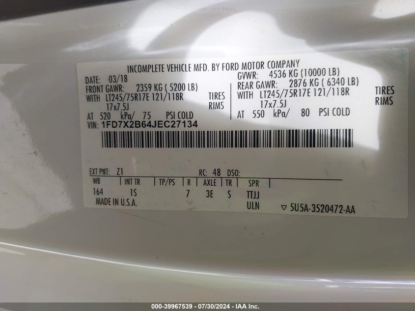 2018 Ford F-250 Xl VIN: 1FD7X2B64JEC27134 Lot: 39967539