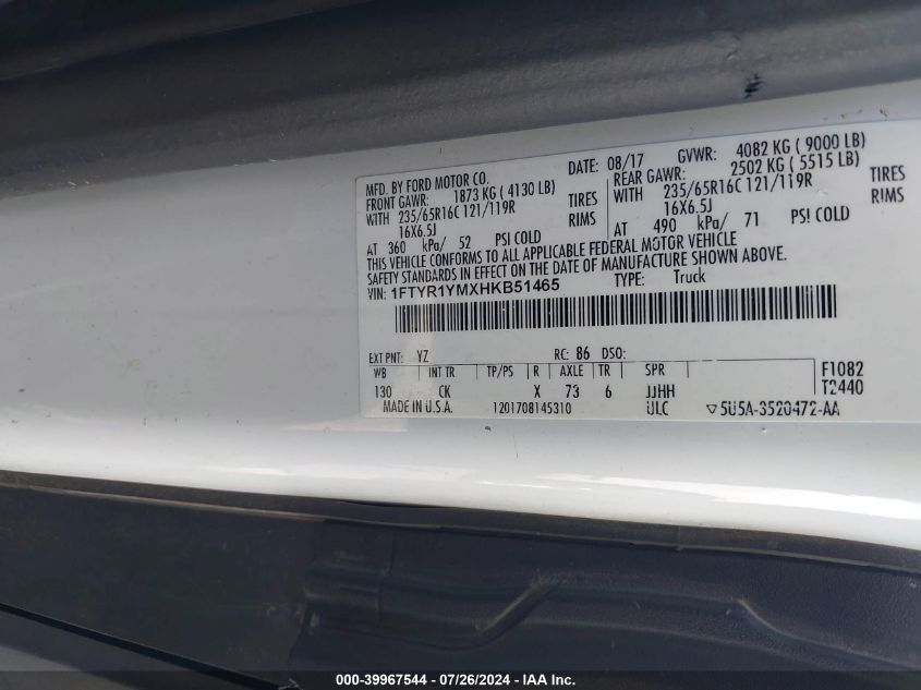 2017 Ford Transit-250 VIN: 1FTYR1YMXHKB51465 Lot: 39967544