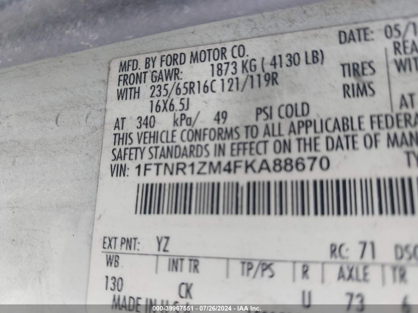 2015 Ford Transit-250 VIN: 1FTNR1ZM4FKA88670 Lot: 39967551