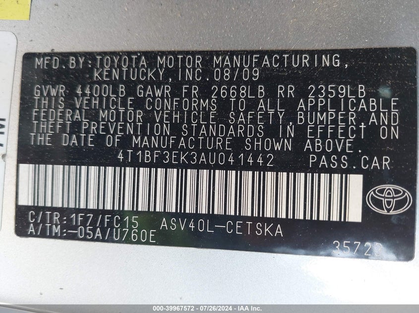 2010 Toyota Camry Se VIN: 4T1BF3EK3AU041442 Lot: 39967572