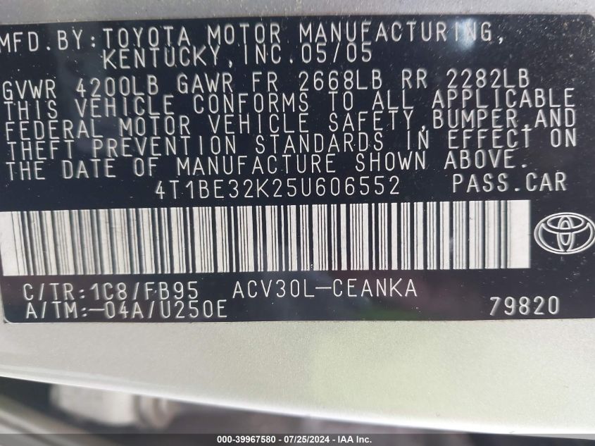 4T1BE32K25U606552 | 2005 TOYOTA CAMRY