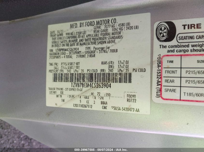 2012 Ford Mustang V6 VIN: 1ZVBP8EM4C5263904 Lot: 39967585