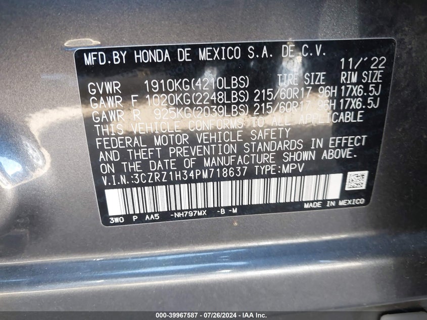2023 Honda Hr-V 2Wd Lx VIN: 3CZRZ1H34PM718637 Lot: 39967587
