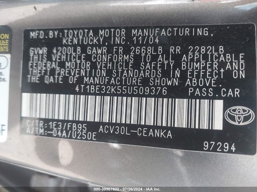 2005 Toyota Camry Le VIN: 4T1BE32K55U509376 Lot: 39967602