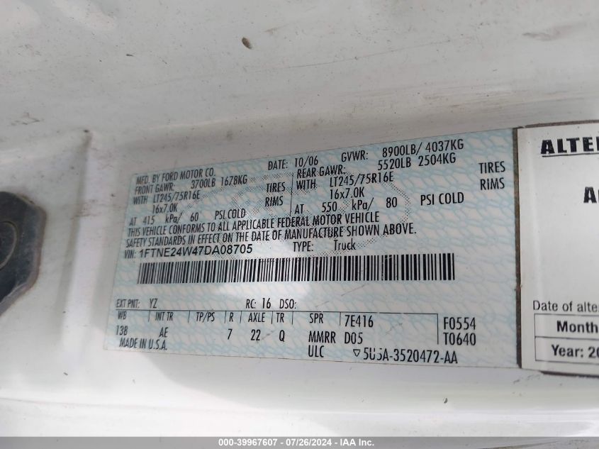 2007 Ford E-250 Commercial/Recreational VIN: 1FTNE24W47DA08705 Lot: 39967607
