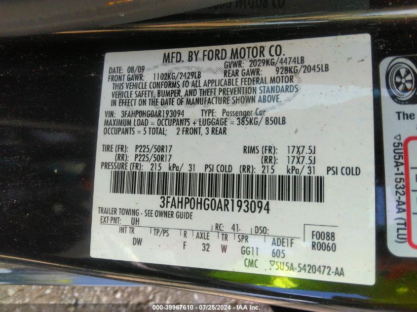 2010 Ford Fusion Se VIN: 3FAHP0HG0AR193094 Lot: 39967610