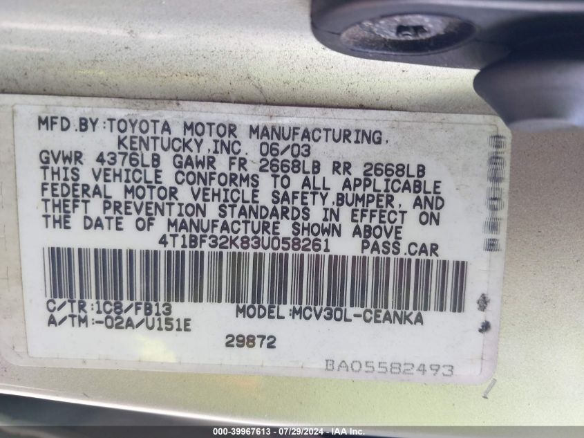 2003 Toyota Camry Le V6 VIN: 4T1BF32K83U058261 Lot: 39967613