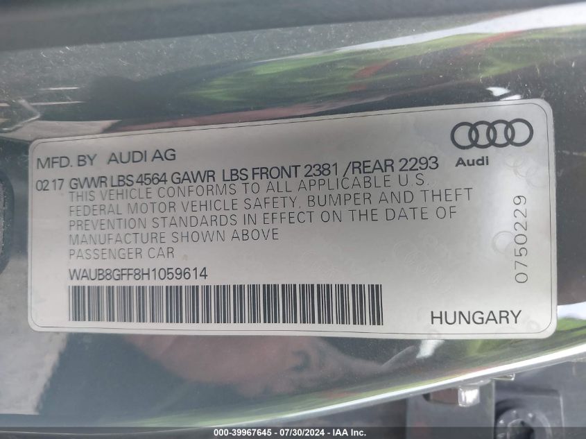 WAUB8GFF8H1059614 2017 Audi A3 2.0T Premium