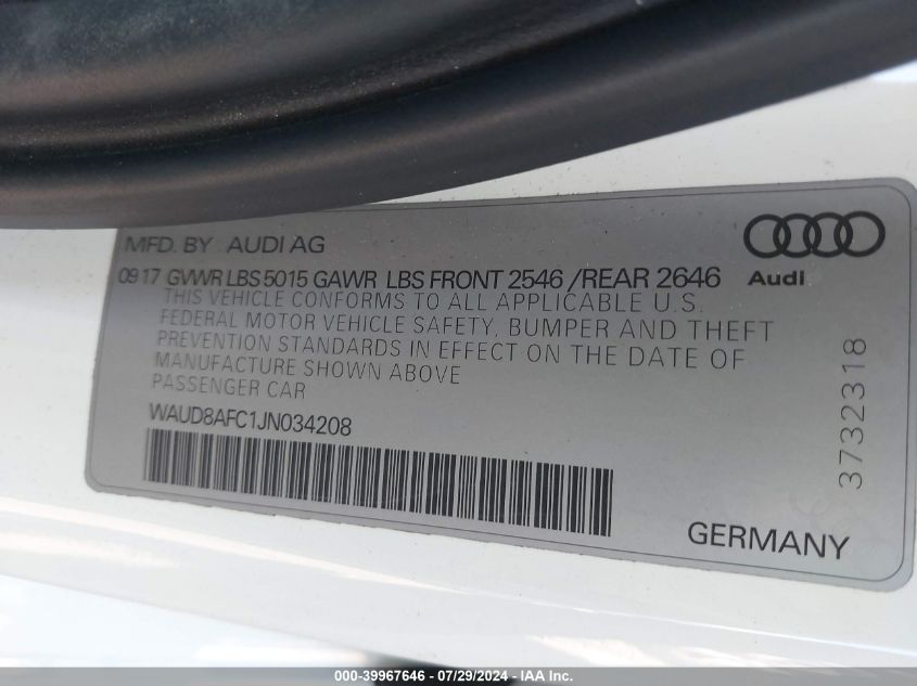 2018 Audi A6 2.0T Premium VIN: WAUD8AFC1JN034208 Lot: 39967646