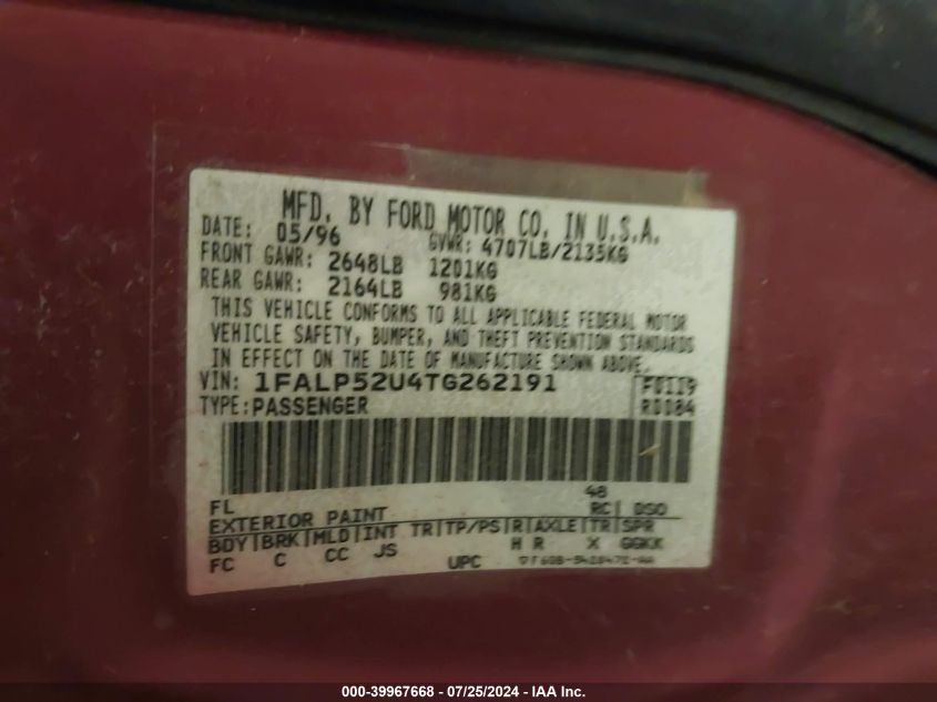 1996 Ford Taurus Gl VIN: 1FALP52U4TG262191 Lot: 39967668