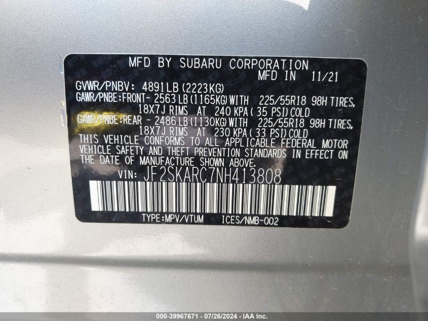 2022 Subaru Forester Touring VIN: JF2SKARC7NH413808 Lot: 39967671