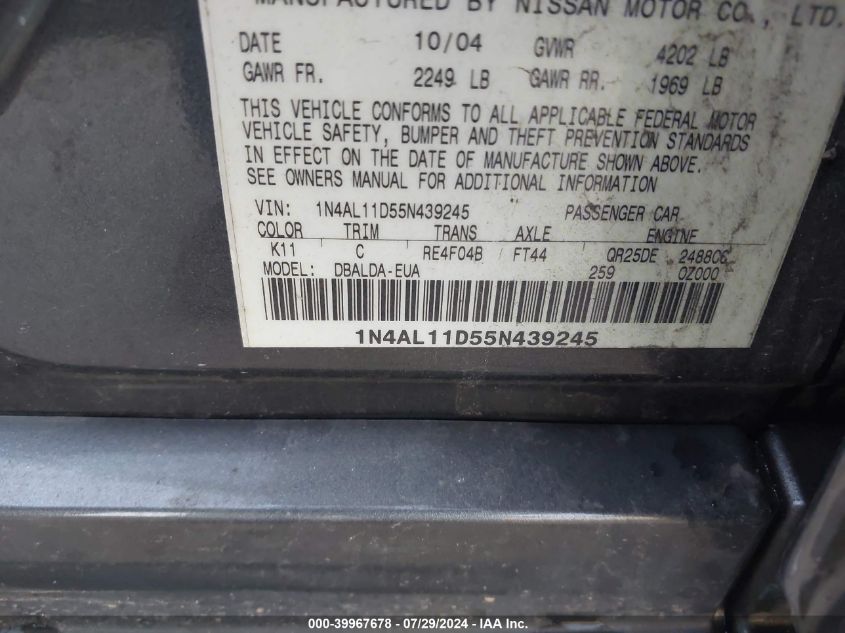 2005 Nissan Altima S/Sl VIN: 1N4AL11D55N439245 Lot: 39967678
