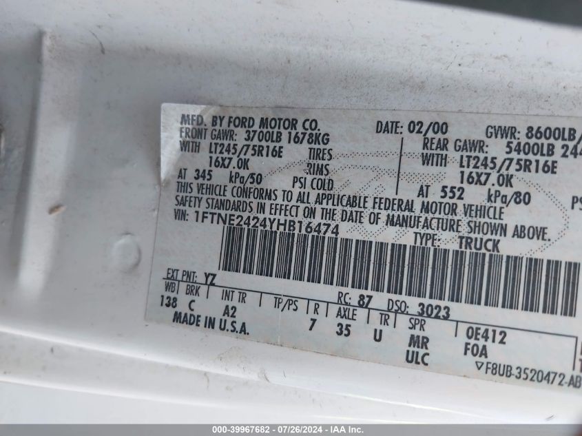 2000 Ford E-250 Commercial VIN: 1FTNE2424YHB16474 Lot: 39967682