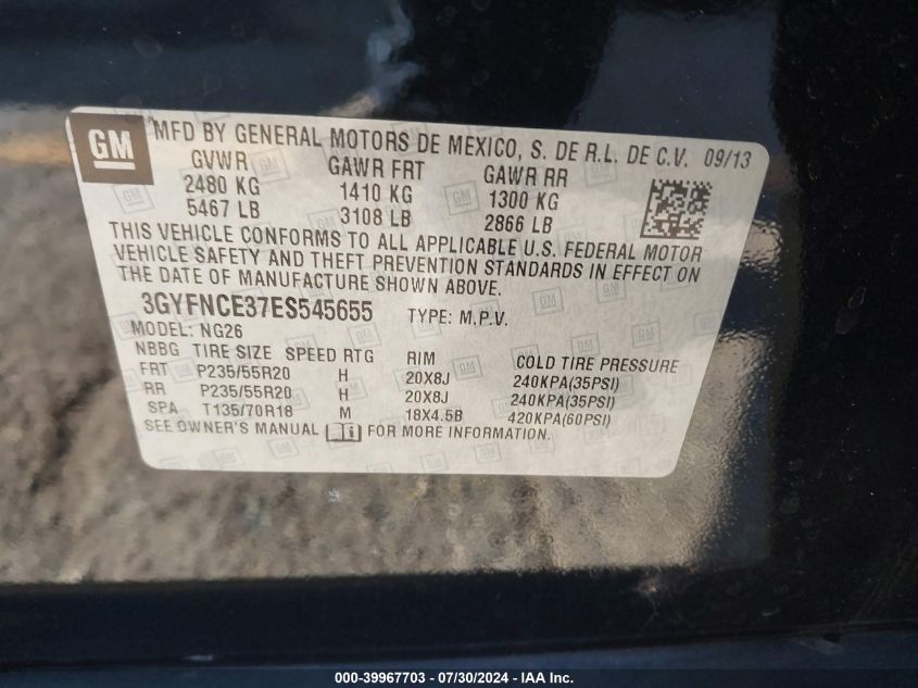 2014 Cadillac Srx Performance Collection VIN: 3GYFNCE37ES545655 Lot: 39967703