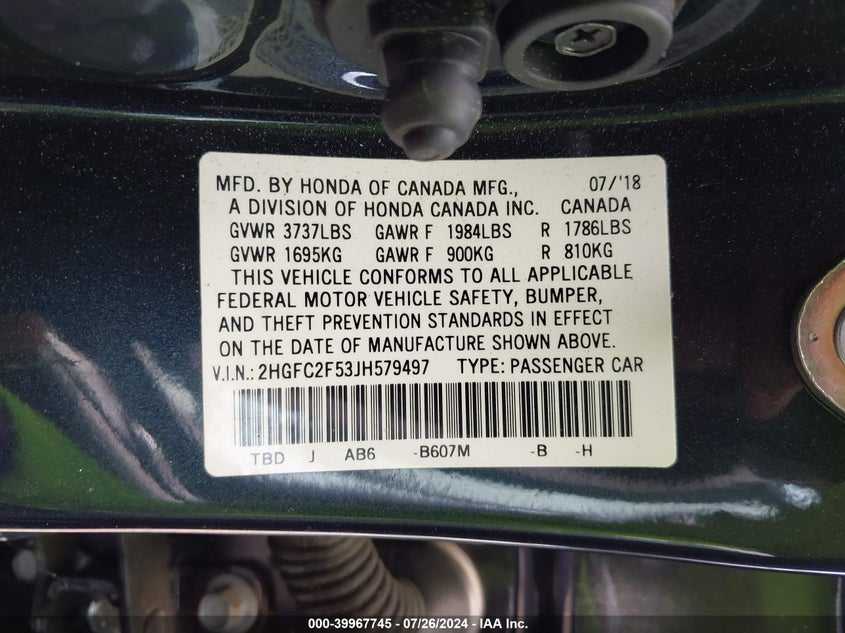 VIN 2HGFC2F53JH579497 2018 HONDA CIVIC LX