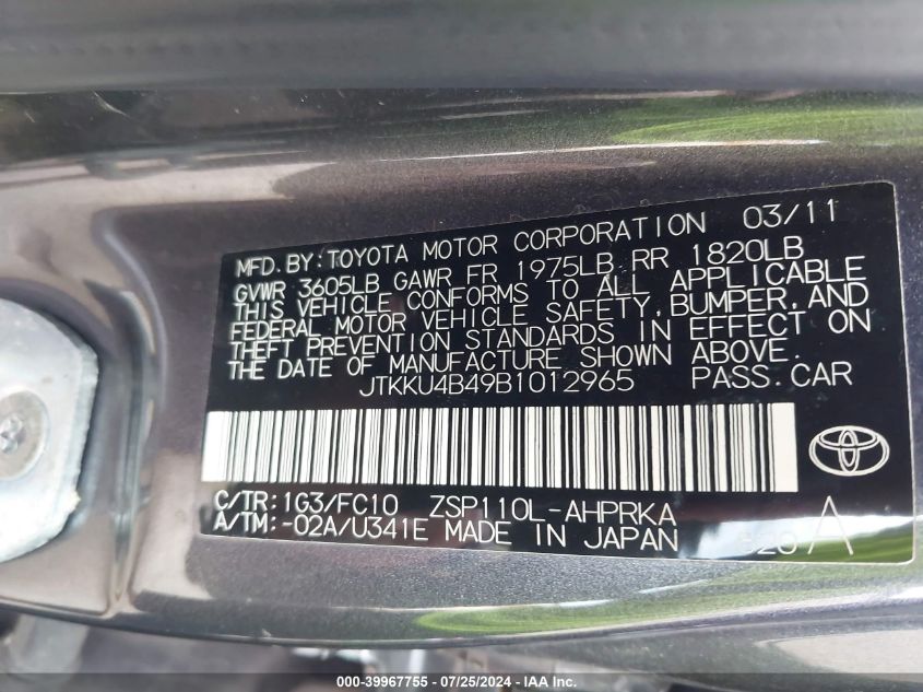 2011 Scion Xd VIN: JTKKU4B49B1012965 Lot: 39967755