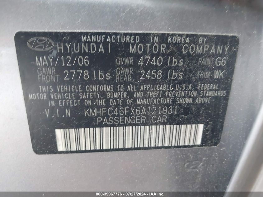 2006 Hyundai Azera Se/Limited VIN: KMHFC46FX6A121931 Lot: 39967776