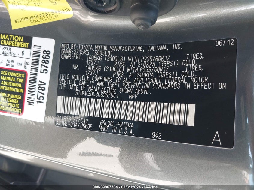 2012 Toyota Sienna Le V6 8 Passenger VIN: 5TDKK3DC3CS267661 Lot: 39967784