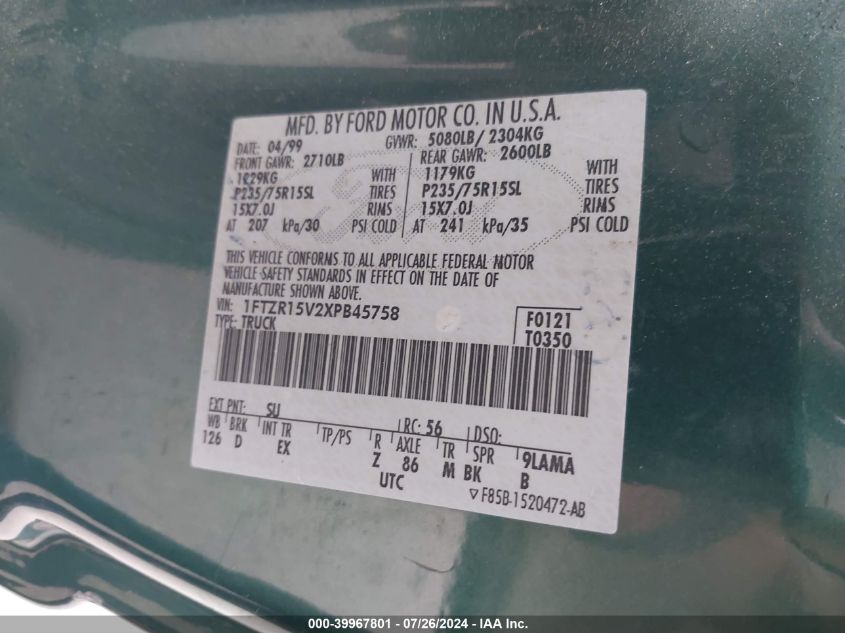 1999 Ford Ranger Xl/Xlt VIN: 1FTZR15V2XPB45758 Lot: 39967801