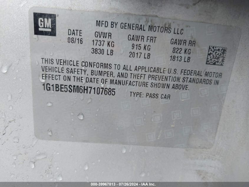 2017 Chevrolet Cruze Lt Auto VIN: 1G1BE5SM6H7107685 Lot: 39967813