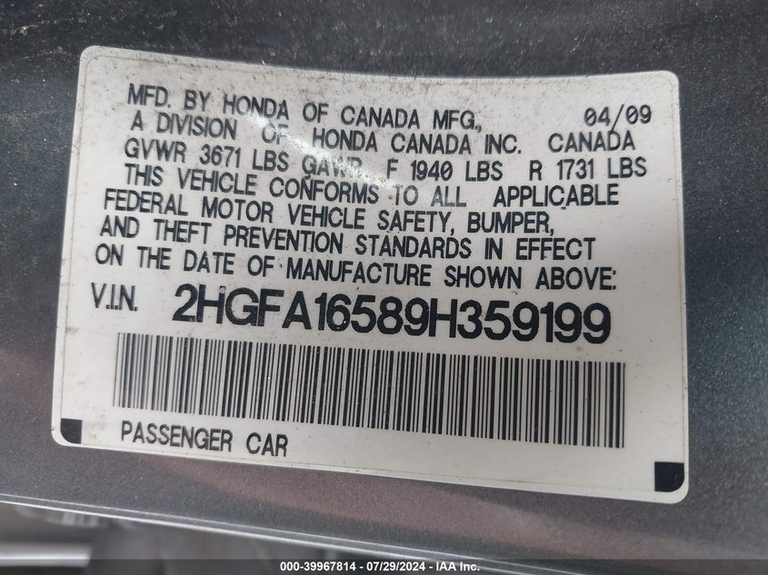 2009 Honda Civic Lx VIN: 2HGFA16589H359199 Lot: 39967814