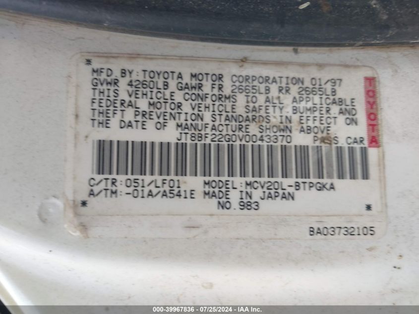 1997 Lexus Es 300 VIN: JT8BF22G0V0043370 Lot: 39967836