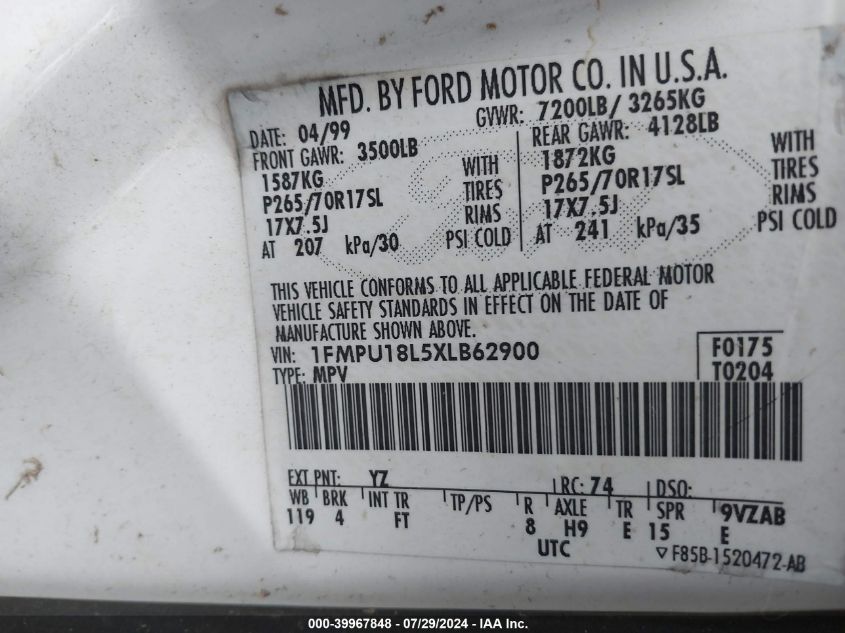 1999 Ford Expedition Eddie Bauer/Xlt VIN: 1FMPU18L5XLB62900 Lot: 39967848