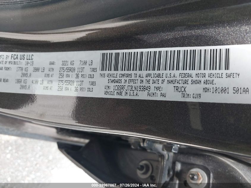 2020 Ram 1500 Laramie 4X4 5'7 Box VIN: 1C6SRFJT3LN193849 Lot: 39967867
