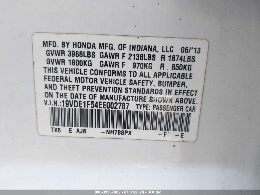 19VDE1F54EE002787 2014 Acura Ilx 2.0L