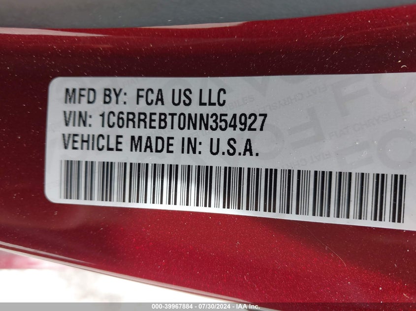 2022 Ram 1500 Big Horn Quad Cab 4X2 6'4 Box VIN: 1C6RREBT0NN354927 Lot: 39967884
