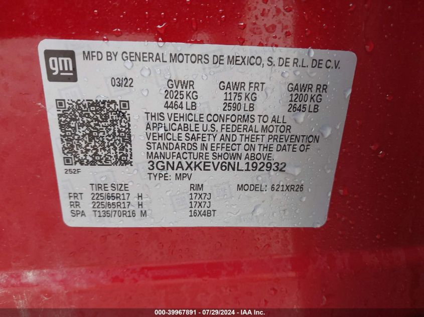 2022 Chevrolet Equinox Lt VIN: 3GNAXKEV6NL192932 Lot: 39967891