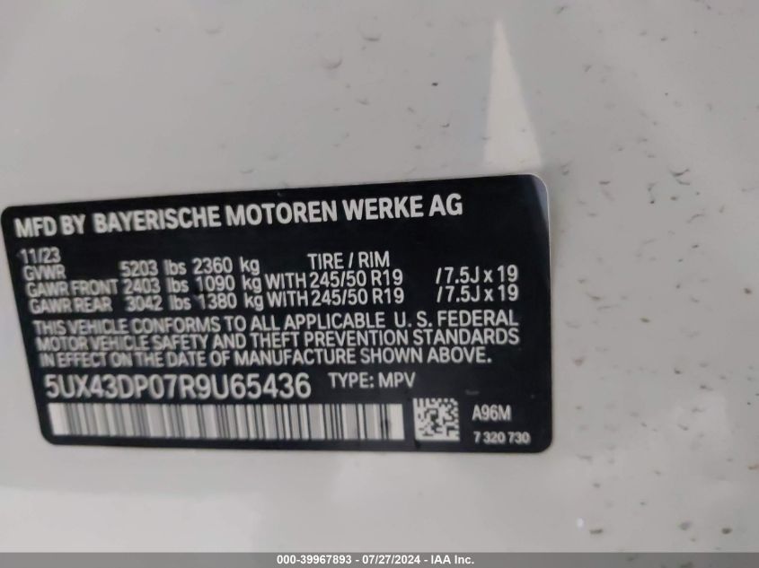 2024 BMW X3 Sdrive30I VIN: 5UX43DP07R9U65436 Lot: 39967893