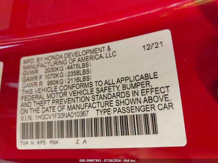 2022 Honda Accord Sport VIN: 1HGCV1F33NA010367 Lot: 39967903
