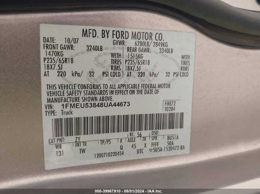 2008 Ford Explorer Sport Trac Limited VIN: 1FMEU53848UA44673 Lot: 39967910