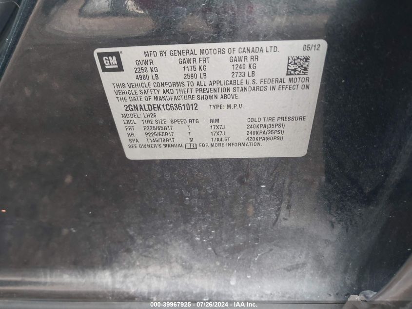 2012 Chevrolet Equinox Lt W/1Lt VIN: 2GNALDEK1C6361012 Lot: 39967925